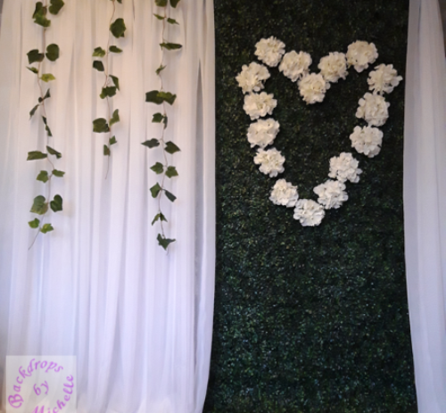 white-side green wall-white hydrangea heart-grape leave drops